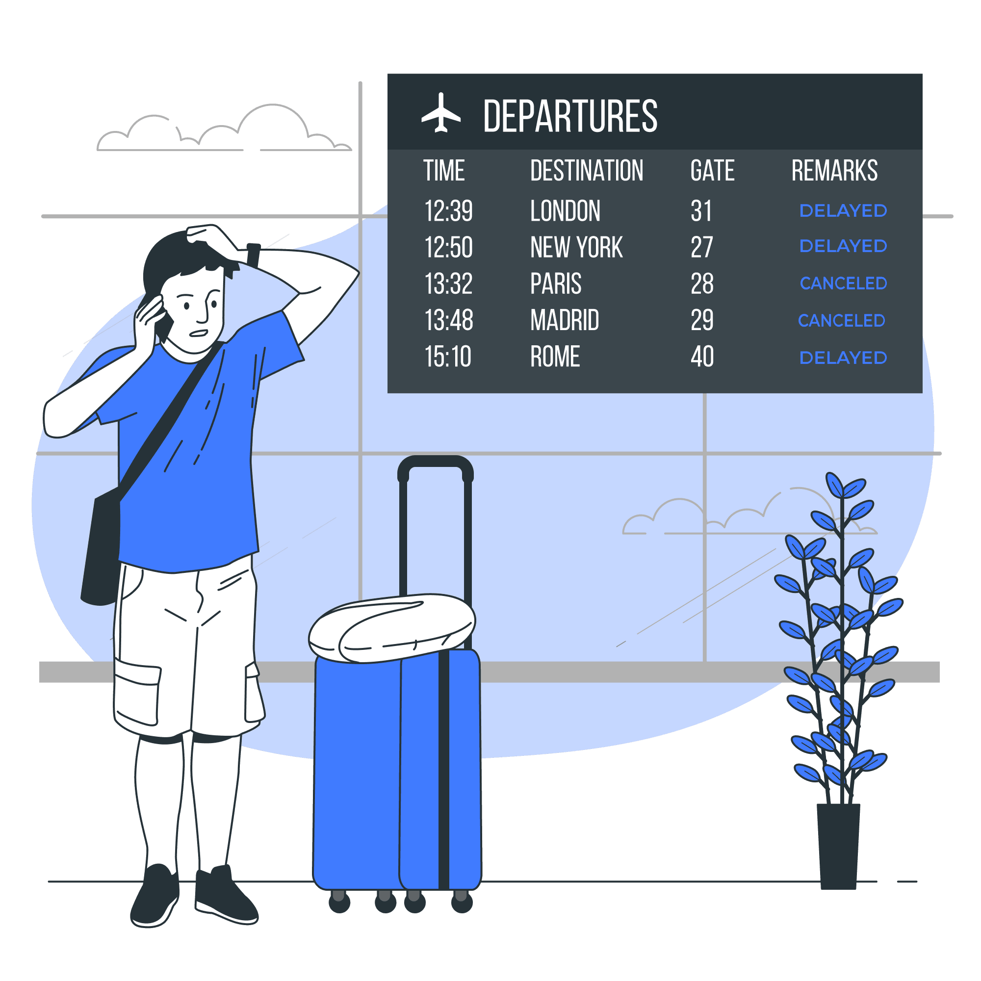 Pasajero con vuelo cancelado en el aeropuerto